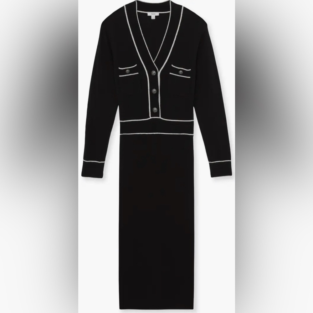 NEW Reiss Lorrie Tipped Long Sleeve Wool & Cashmere Blend Black Sweater Dress M - Picture 2 of 9